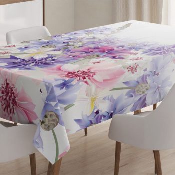 Pink Purple Flowers White Printed Tablecloth Home Decor