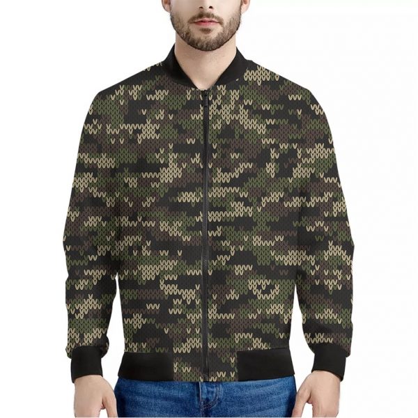 Army Camouflage Knitted Pattern Print Bomber Jacket