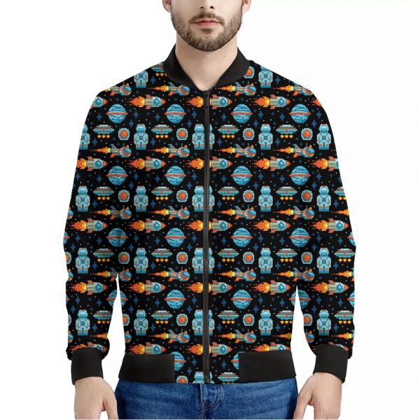 Astronaut And Space Pixel Pattern Print Bomber Jacket