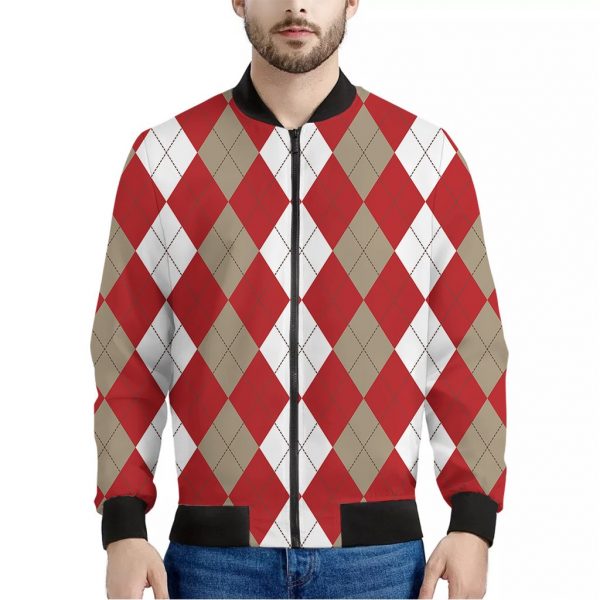Beige Red And White Argyle Pattern Print Bomber Jacket