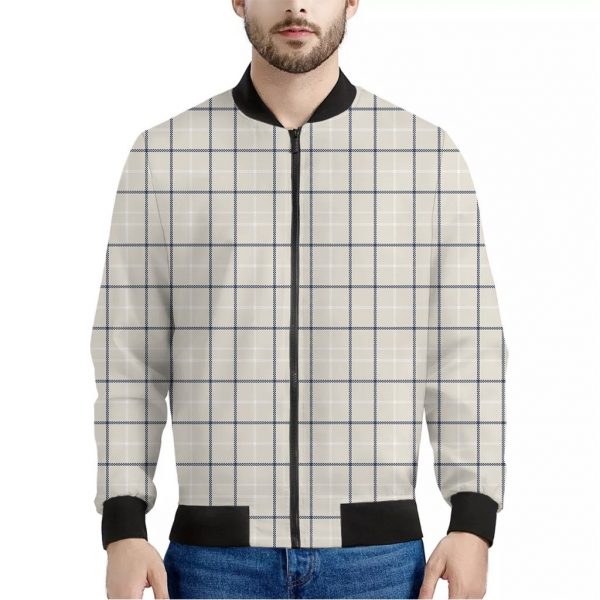 Beige Tattersall Pattern Print Bomber Jacket