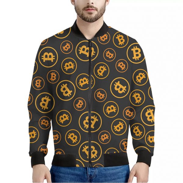 Bitcoin Cryptocurrency Pattern Print Bomber Jacket