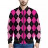 Black And Deep Pink Argyle Pattern Print Bomber Jacket