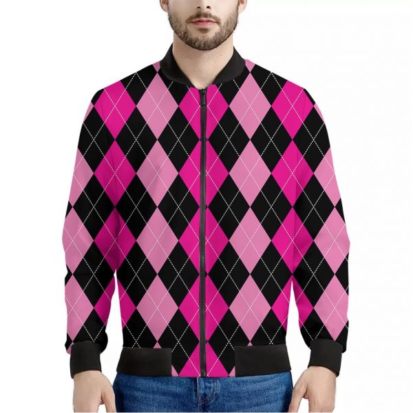 Black And Deep Pink Argyle Pattern Print Bomber Jacket