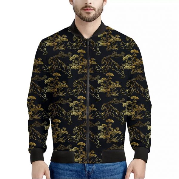 Black And Gold Japanese Tiger Print Bomber Jacket