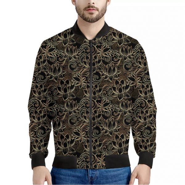 Black And Gold Lotus Pattern Print Bomber Jacket
