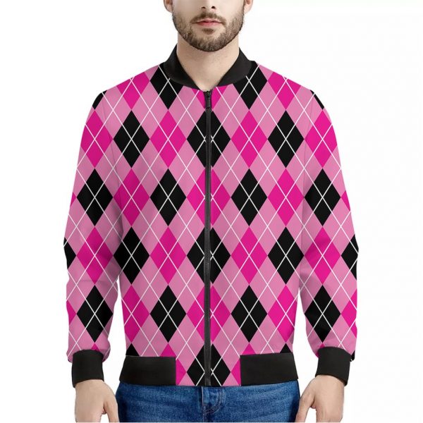 Black And Pink Argyle Pattern Print Bomber Jacket