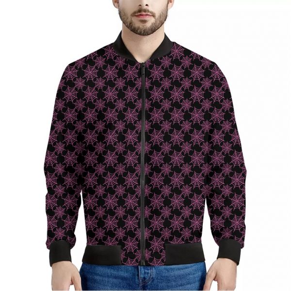 Black And Pink Spider Web Pattern Print Bomber Jacket