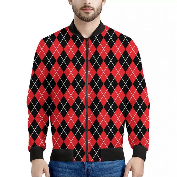 Black And Red Argyle Pattern Print Bomber Jacket