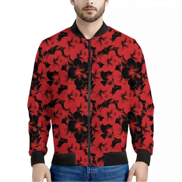 Black And Red Hibiscus Pattern Print Bomber Jacket