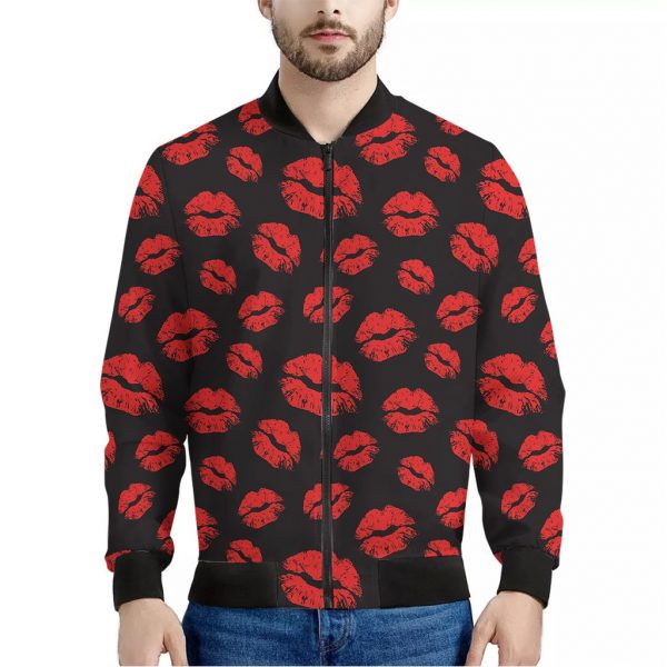 Black And Red Lips Pattern Print Bomber Jacket