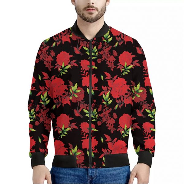 Black And Red Roses Floral Print Bomber Jacket