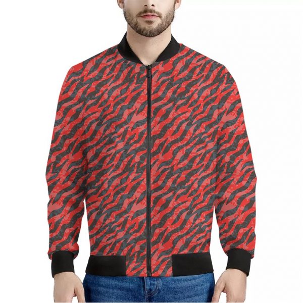Black And Red Tiger Stripe Camo Print Bomber Jacket