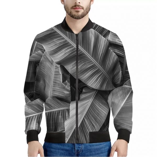 Black And White Banana Leaf Print Bomber Jacket