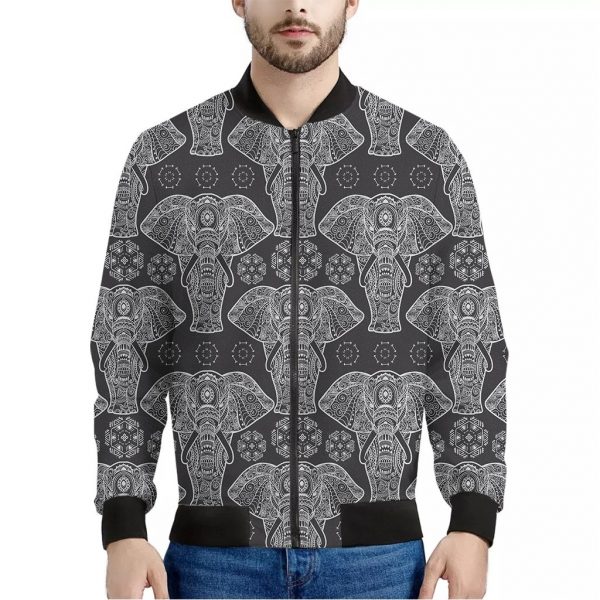 Black And White Boho Elephant Print Bomber Jacket