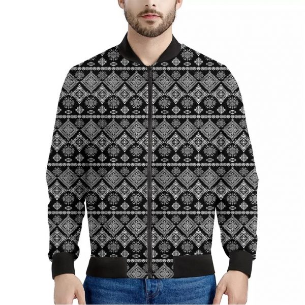 Black And White Boho Tribal Print Bomber Jacket