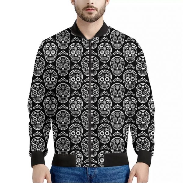 Black And White Calavera Skull Print Bomber Jacket