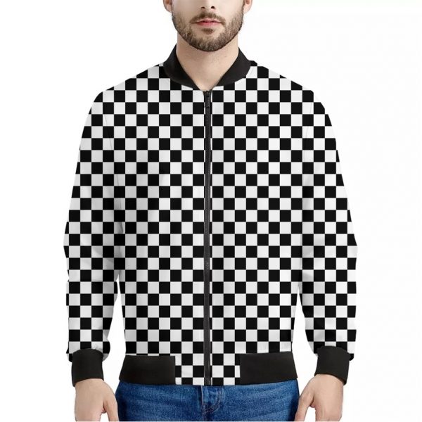 Black And White Checkered Pattern Print Bomber Jacket