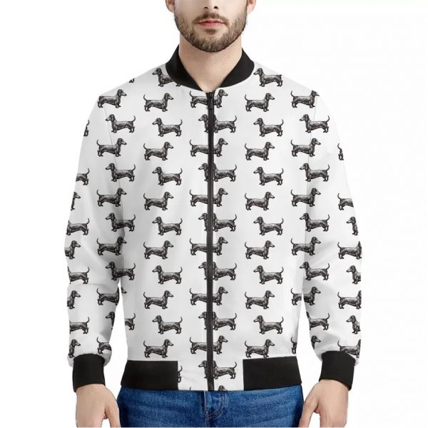 Black And White Dachshund Pattern Print Bomber Jacket