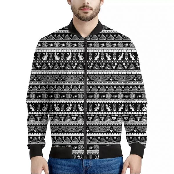 Black And White Egypt Pattern Print Bomber Jacket