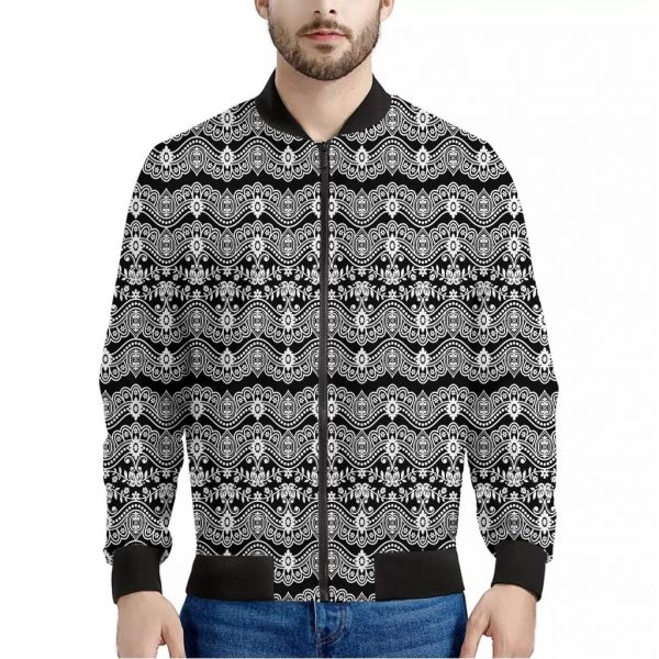 Black And White Ethnic Boho Print Bomber Jacket