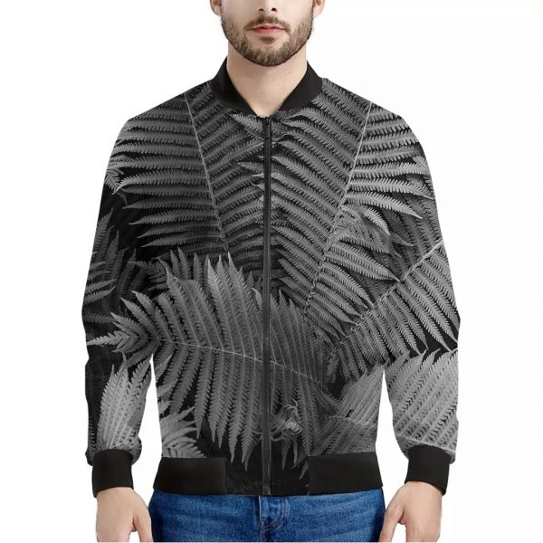 Black And White Fern Leaf Print Bomber Jacket