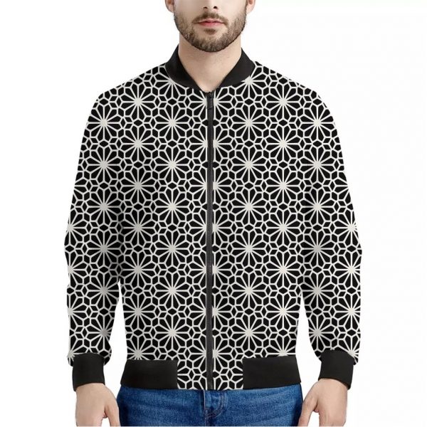 Black And White Geometric Floral Print Bomber Jacket