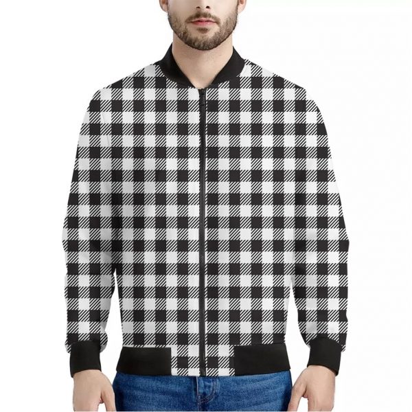 Black And White Gingham Pattern Print Bomber Jacket