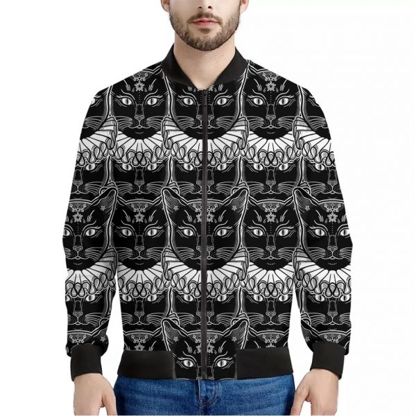 Black And White Gothic Wiccan Cat Print Bomber Jacket