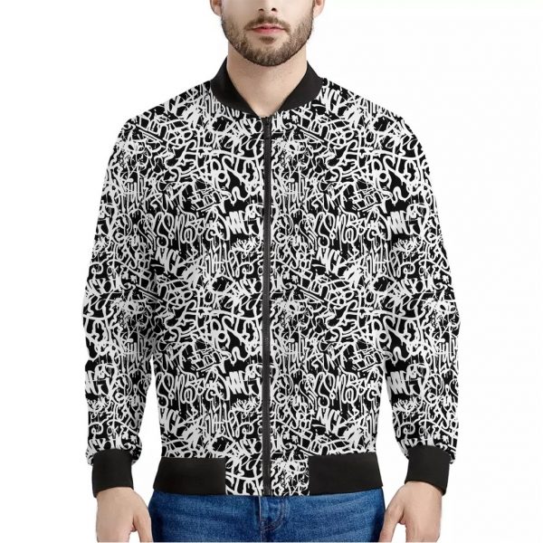 Black And White Graffiti Pattern Print Bomber Jacket
