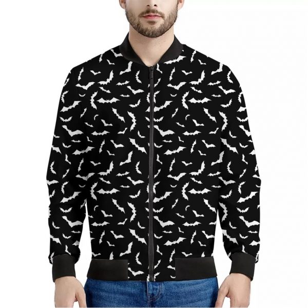 Black And White Halloween Bat Print Bomber Jacket