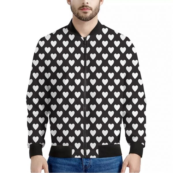 Black And White Heart Pattern Print Bomber Jacket