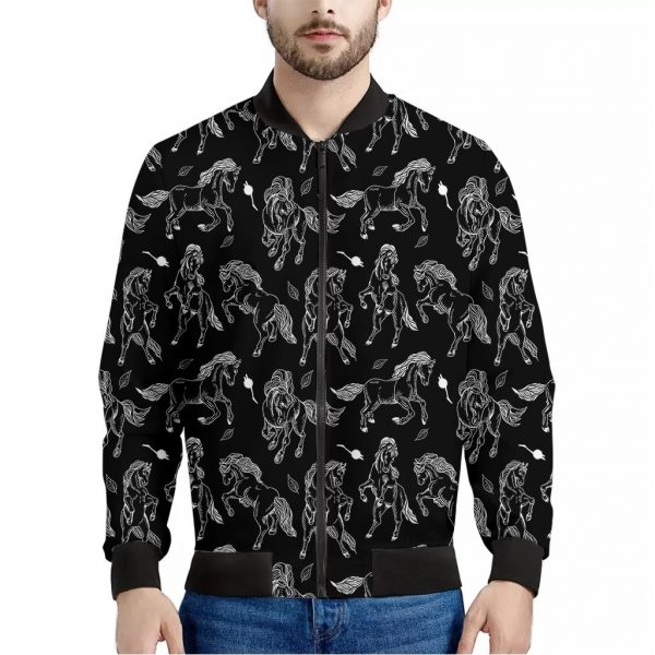 Black And White Horse Pattern Print Bomber Jacket