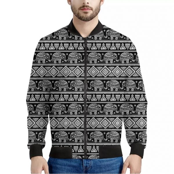 Black And White Indian Elephant Print Bomber Jacket