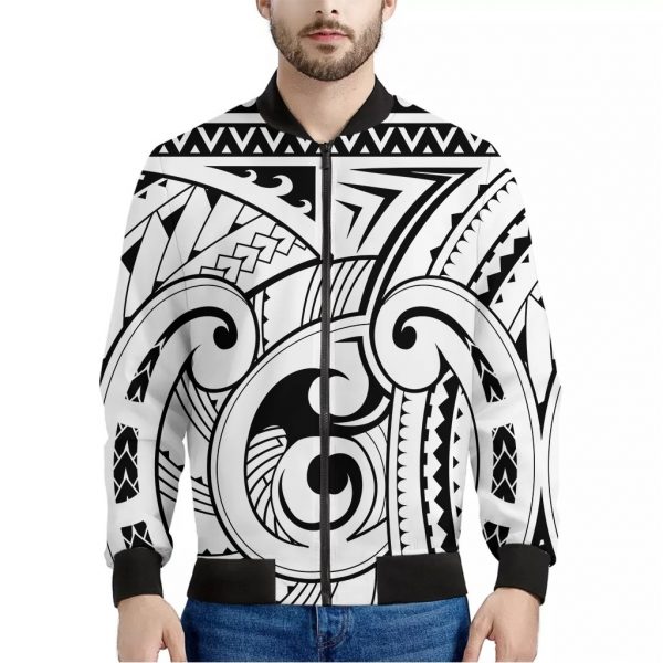 Black And White Maori Pattern Print Bomber Jacket