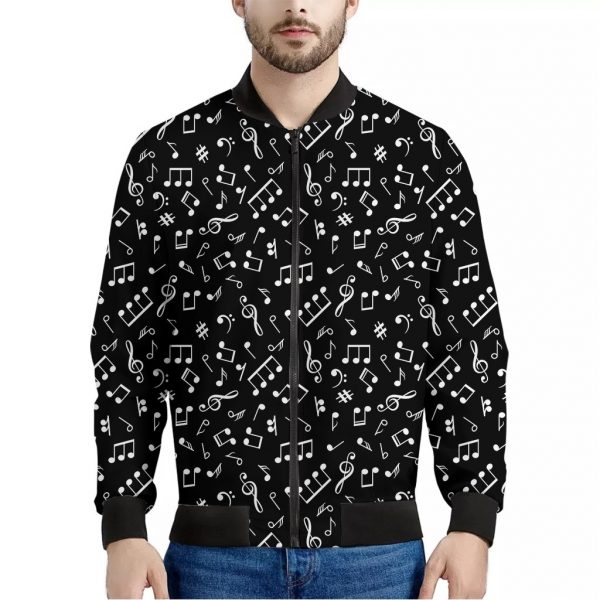 Black And White Music Note Pattern Print Bomber Jacket
