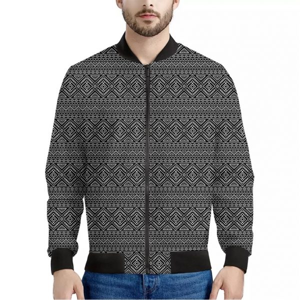 Black And White Navajo Tribal Print Bomber Jacket