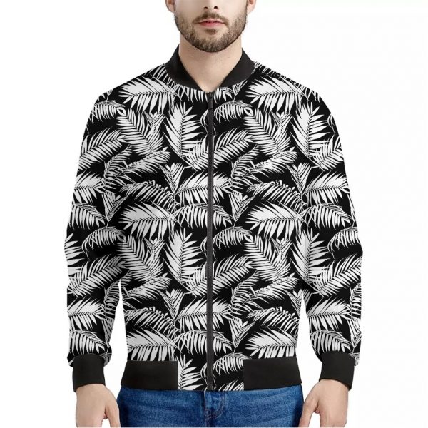 Black And White Palm Leaves Print Bomber Jacket