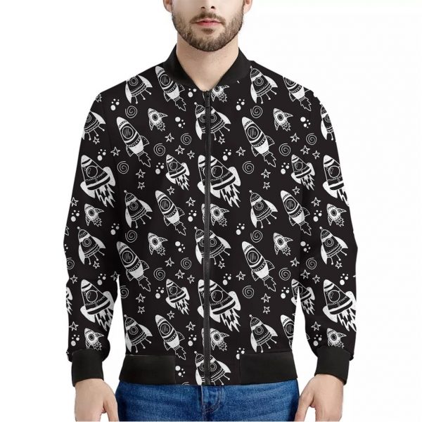 Black And White Rocket Pattern Print Bomber Jacket