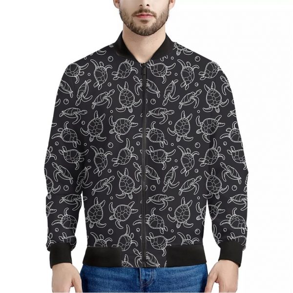 Black And White Sea Turtle Pattern Print Bomber Jacket