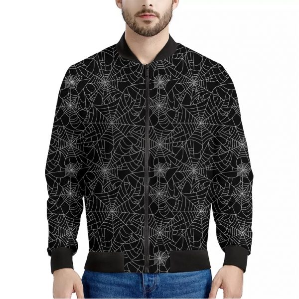 Black And White Spider Web Pattern Print Bomber Jacket