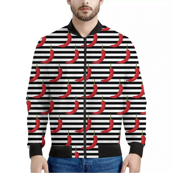 Black And White Striped Chili Print Bomber Jacket