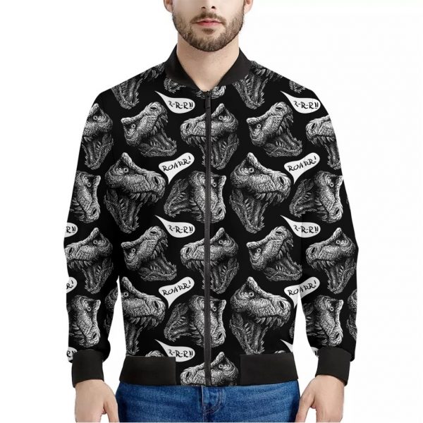 Black And White T-Rex Dinosaur Print Bomber Jacket