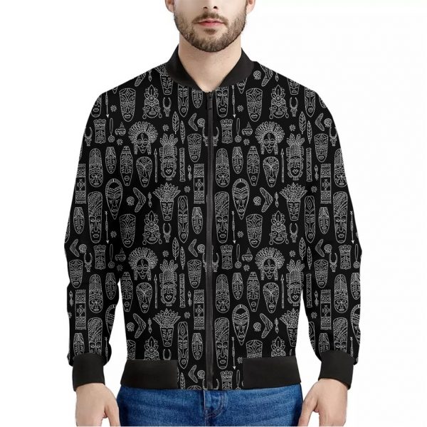 Black And White Totem Pattern Print Bomber Jacket