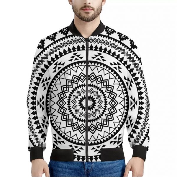 Black And White Tribal Mandala Print Bomber Jacket