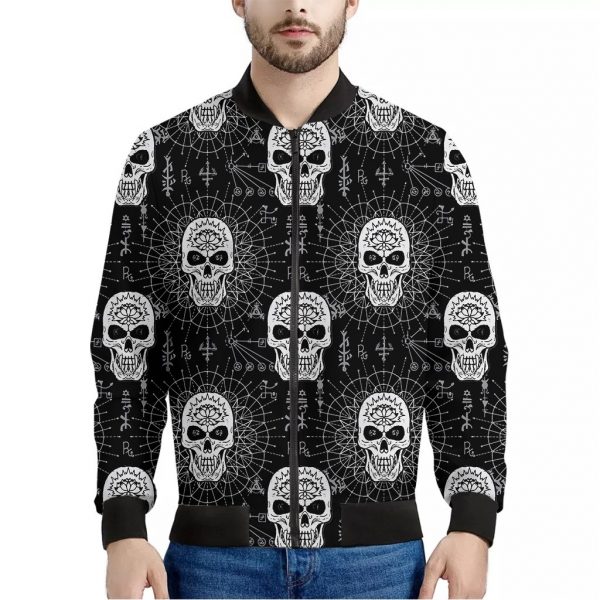 Black And White Wicca Evil Skull Print Bomber Jacket