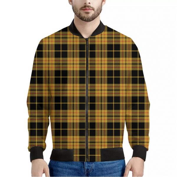 Black And Yellow Tartan Pattern Print Bomber Jacket