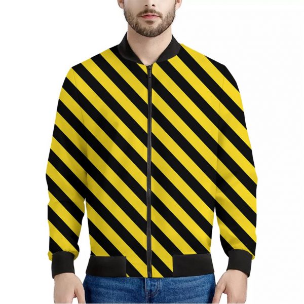 Black And Yellow Warning Striped Print Bomber Jacket