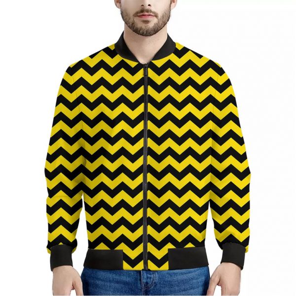 Black And Yellow Zigzag Pattern Print Bomber Jacket