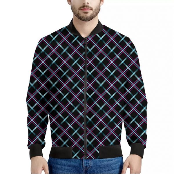 Black Blue And Pink Tartan Pattern Print Bomber Jacket